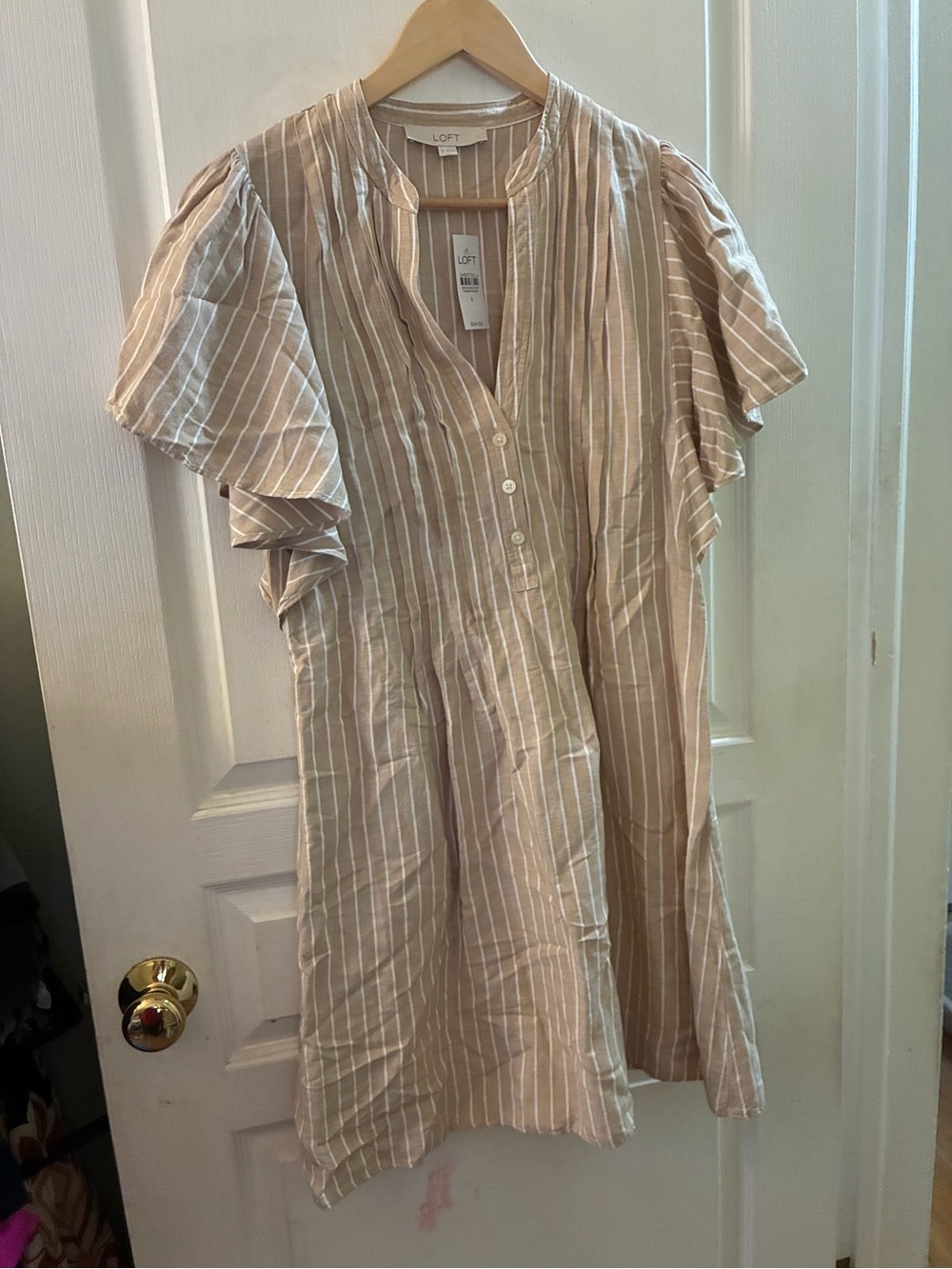 LOFT Beige and White Vertical Stripe Button-Front Dress
